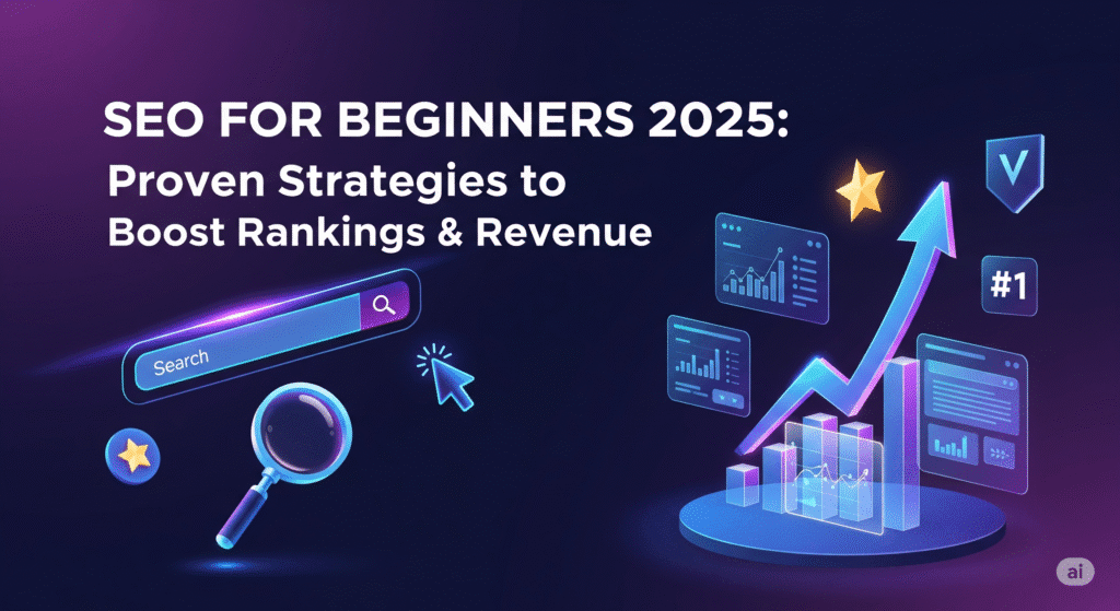 Futuristic digital marketing graphic for a blog post on SEO, featuring a search bar, analytics charts, and a neon upward-trending arrow.