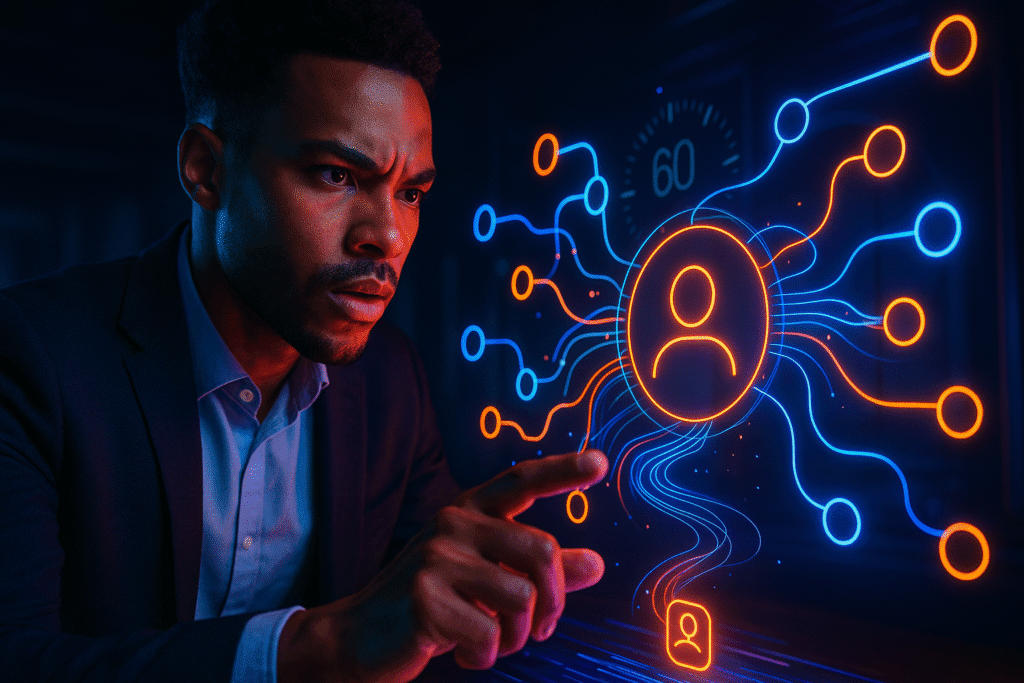 A focused young entrepreneur interacting with a swirling holographic interface of glowing n8n-like nodes in a dark, neon-lit tech environment.