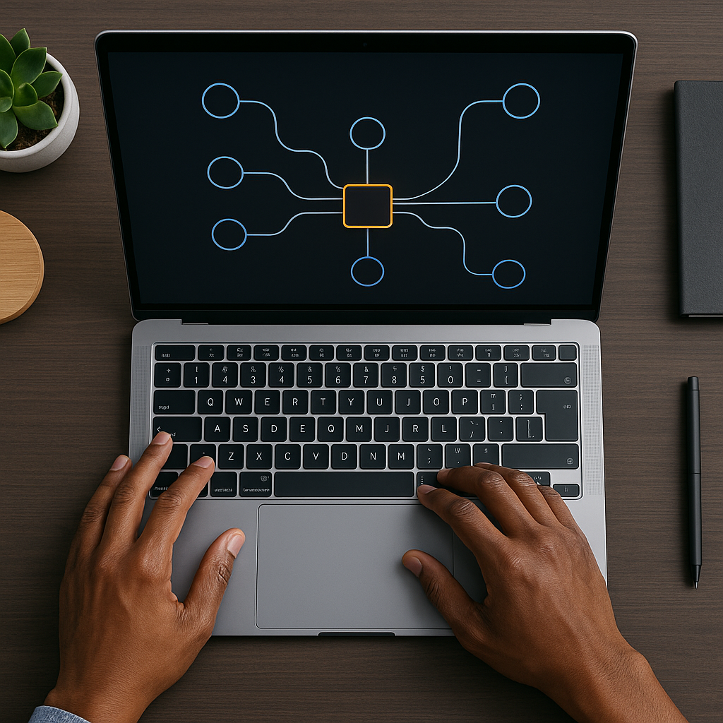 Top-down view of diverse hands working on a laptop showing a no-code workflow builder with a highlighted node.