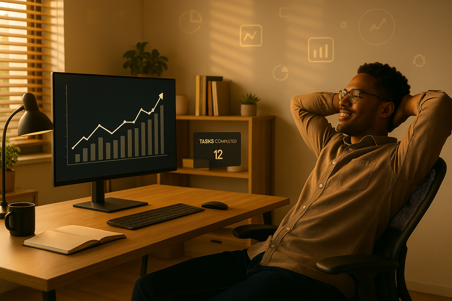 A relaxed solopreneur smiling at a home office monitor showing growth graphs and completed-tasks dashboards.